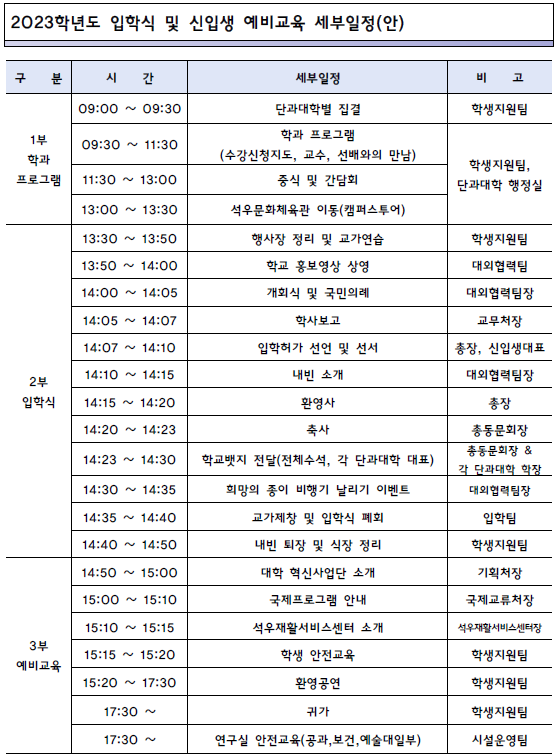 2023학년도 입학식 및 신입생 예비교육 세부일정(안)